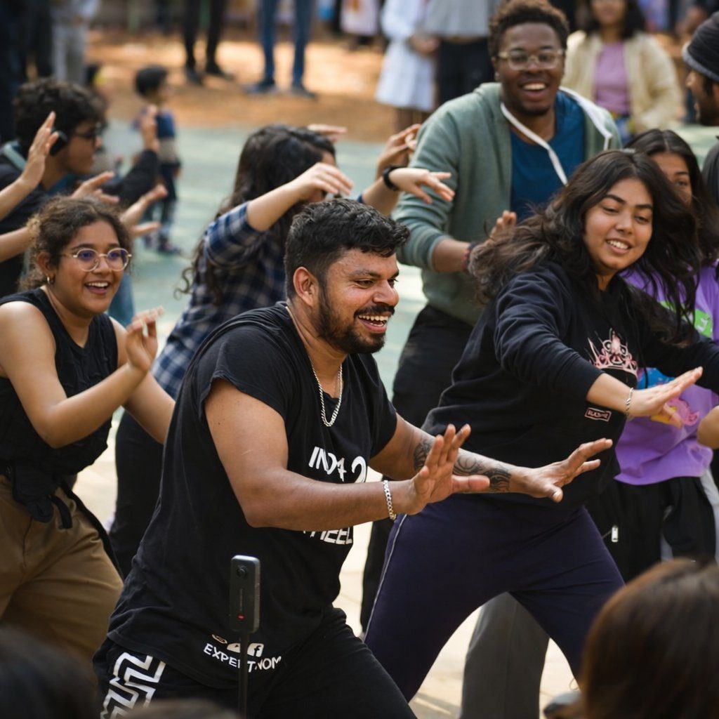 Jothi leading outdoor dance fitness session